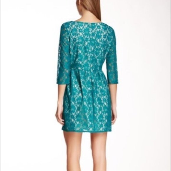 French Connection Teal Lace Long Sleeve Dress - Picture 2 of 14